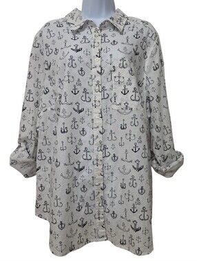 Liz Claiborne | Anchor Print Linen Blend Button Down Shirt Navy White Plus Size